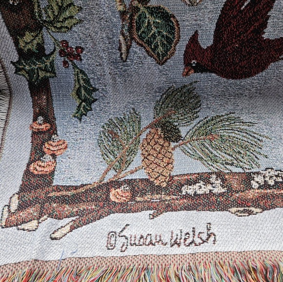 Susan Welsh Christmas Red Cardinals Holly Tapestey Throw Blanket 61" x 40" - Picture 4 of 7